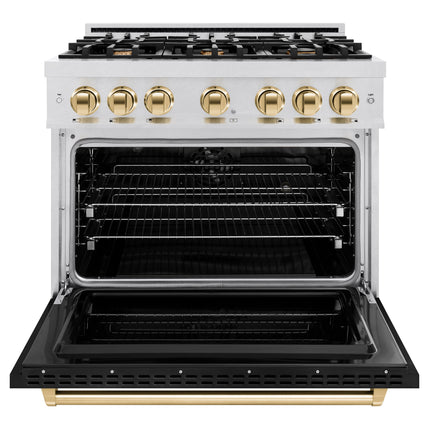 ZLINE Autograph Edition 36 in. 5.2 cu. ft. Classic Dual Fuel Range with 6 Burner Gas Cooktop and Electric Convection Oven in Satin Stainless Steel with Polished Gold Accents (CDRSZ-36-G)