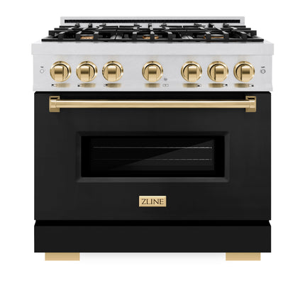 ZLINE Autograph Edition 36 in. 5.2 cu. ft. Classic Dual Fuel Range with 6 Burner Gas Cooktop and Electric Convection Oven in Satin Stainless Steel with Polished Gold Accents (CDRSZ-36-G)