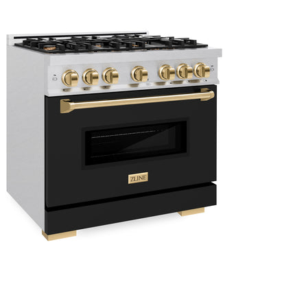 ZLINE Autograph Edition 36 in. 5.2 cu. ft. Classic Dual Fuel Range with 6 Burner Gas Cooktop and Electric Convection Oven in Satin Stainless Steel with Black Matte Door and Polished Gold Accents (CDRSZ-BLM-36-G)