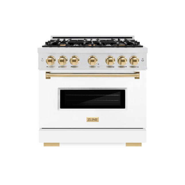 ZLINE Autograph Edition 36 in. 5.2 cu. ft. Classic Dual Fuel Range with 6 Burner Gas Cooktop and Electric Convection Oven in Satin Stainless Steel with White Matte Door and Polished Gold Accents (CDRSZ-WM-36-G)