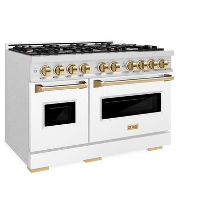 ZLINE Autograph Edition 48 in. 6.7 cu. ft. Classic Double Oven Dual Fuel Range with 8 Burner Gas Cooktop in Satin Stainless Steel with White Matte Doors and Polished Gold Accents (CDRSZ-WM-48-G)