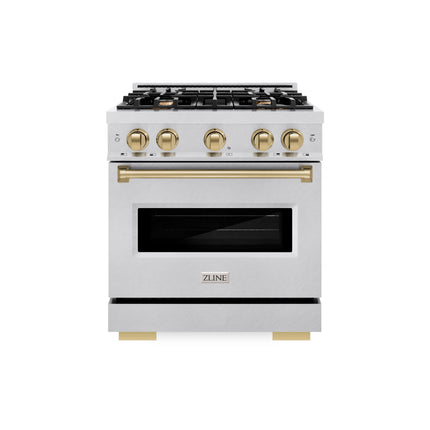 ZLINE Autograph Edition 30 in. 4.2 cu. ft. Classic Gas Range with 4 Burner Cooktop and Convection Gas Oven in Satin Stainless Steel and Champagne Bronze Accents (CGRSZ-30-CB)