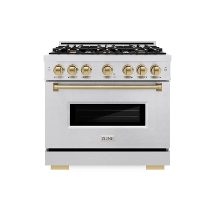 ZLINE Autograph Edition 36 in. 5.2 cu. ft. Classic Gas Range with 6 Burner Cooktop and Convection Gas Oven in Satin Stainless Steel and Champagne Bronze Accents (CGRSZ-36-CB)