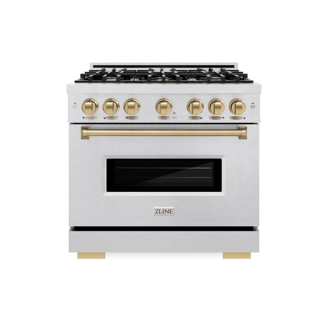ZLINE Autograph Edition 36 in. 5.2 cu. ft. Classic Gas Range with 6 Burner Cooktop and Convection Gas Oven in Satin Stainless Steel and Champagne Bronze Accents (CGRSZ-36-CB)