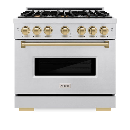 ZLINE Autograph Edition 36 in. 5.2 cu. ft. Classic Gas Range with 6 Burner Cooktop and Convection Gas Oven in Satin Stainless Steel and Champagne Bronze Accents (CGRSZ-36-CB)
