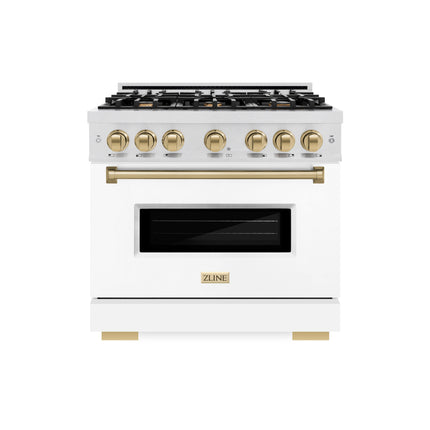 ZLINE Autograph Edition 36 in. 5.2 cu. ft. Classic Gas Range with 6 Burner Cooktop and Convection Gas Oven in Satin Stainless Steel with White Matte Door and Champagne Bronze Accents (CGRSZ-WM-36-CB)