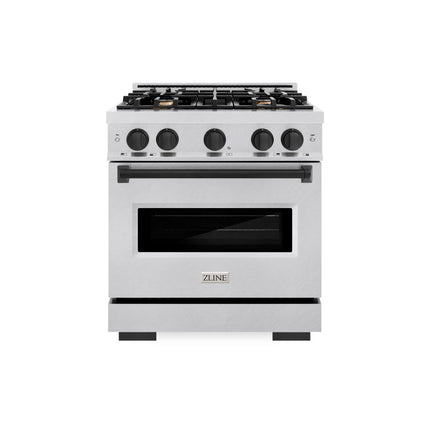 ZLINE Autograph Edition 30 in. 4.2 cu. ft. Classic Gas Range with 4 Burner Cooktop and Convection Gas Oven in Satin Stainless Steel with White Matte Door and Matte Black Accents (CGRSZ-WM-30-MB)