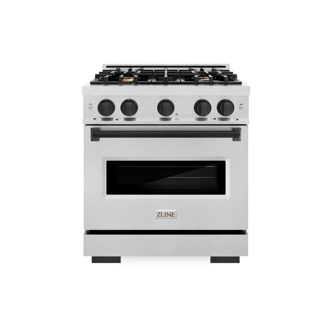ZLINE Autograph Edition 30 in. 4.2 cu. ft. Classic Gas Range with 4 Burner Cooktop and Convection Gas Oven in Satin Stainless Steel with White Matte Door and Matte Black Accents (CGRSZ-WM-30-MB)