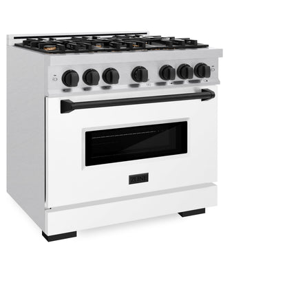 ZLINE Autograph Edition 36 in. 5.2 cu. ft. Classic Gas Range with 6 Burner Cooktop and Convection Gas Oven in Satin Stainless Steel with White Matte Door and Matte Black Accents (CGRSZ-WM-36-MB)