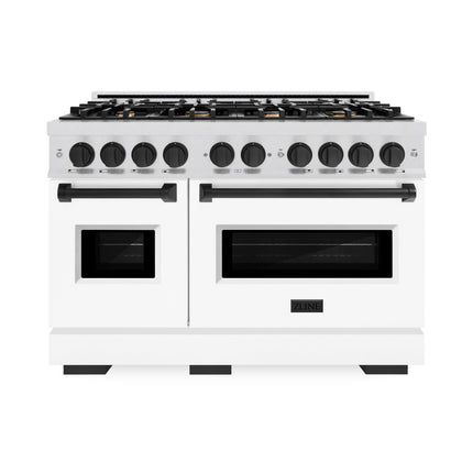 ZLINE Autograph Edition 48 in. 6.7 cu. ft. Classic Double Oven Gas Range with 8 Burner Cooktop in Satin Stainless Steel with White Matte Doors and Matte Black Accents (CGRSZ-WM-48-MB)