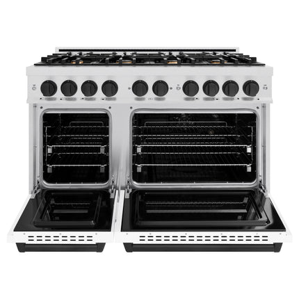 ZLINE Autograph Edition 48 in. 6.7 cu. ft. Classic Double Oven Gas Range with 8 Burner Cooktop in Satin Stainless Steel with White Matte Doors and Matte Black Accents (CGRSZ-WM-48-MB)