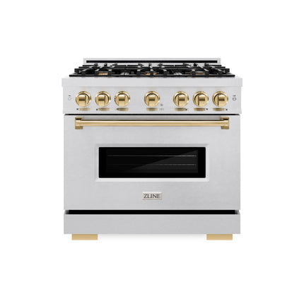 ZLINE Autograph Edition 36 in. 5.2 cu. ft. Classic Gas Range with 6 Burner Cooktop and Convection Gas Oven in Satin Stainless Steel and Polished Gold Accents (CGRSZ-36-G)