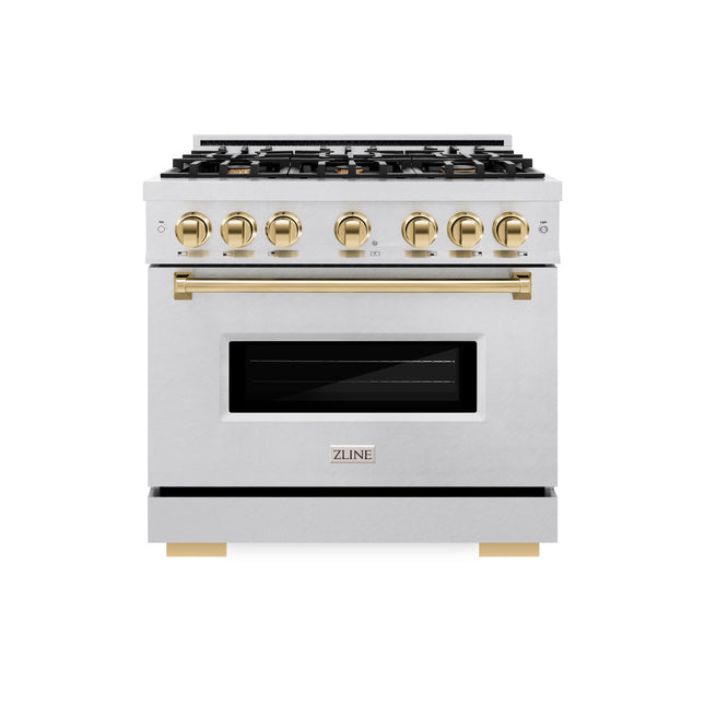 ZLINE Autograph Edition 36 in. 5.2 cu. ft. Classic Gas Range with 6 Burner Cooktop and Convection Gas Oven in Satin Stainless Steel and Polished Gold Accents (CGRSZ-36-G)
