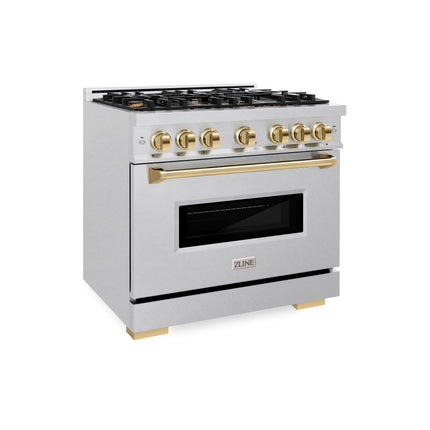 ZLINE Autograph Edition 36 in. 5.2 cu. ft. Classic Gas Range with 6 Burner Cooktop and Convection Gas Oven in Satin Stainless Steel and Polished Gold Accents (CGRSZ-36-G)