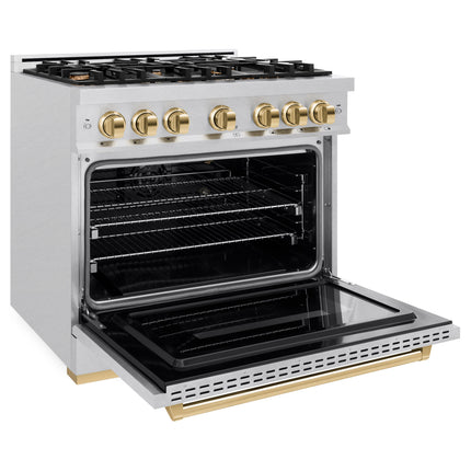 ZLINE Autograph Edition 36 in. 5.2 cu. ft. Classic Gas Range with 6 Burner Cooktop and Convection Gas Oven in Satin Stainless Steel and Polished Gold Accents (CGRSZ-36-G)