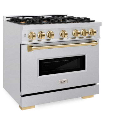 ZLINE Autograph Edition 36 in. 5.2 cu. ft. Classic Gas Range with 6 Burner Cooktop and Convection Gas Oven in Satin Stainless Steel and Polished Gold Accents (CGRSZ-36-G)