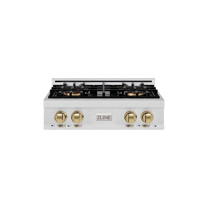 ZLINE Autograph Edition 30 in. Classic Gas Rangetop with 4 Burner DuoPro™ Cooktop in Satin Stainless Steel and Champagne Bronze Accents (PCRTSZ-30-CB)