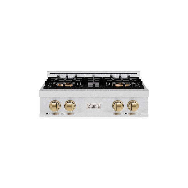 ZLINE Autograph Edition 30 in. Classic Gas Rangetop with 4 Burner DuoPro™ Cooktop in Satin Stainless Steel and Champagne Bronze Accents (PCRTSZ-30-CB)