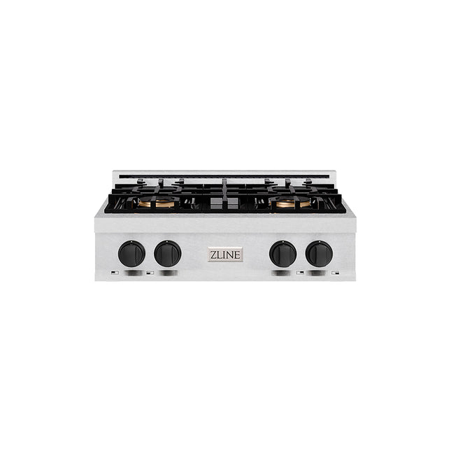 ZLINE Autograph Edition 30 in. Classic Gas Rangetop with 4 Burner DuoPro™ Cooktop in Satin Stainless Steel and Matte Black Accents (PCRTSZ-30-MB)