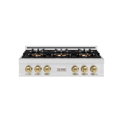 ZLINE Autograph Edition 36 in. Classic Gas Rangetop with 6 Burner DuoPro™ Cooktop in Satin Stainless Steel and Champagne Bronze Accents (PCRTSZ-36-CB)