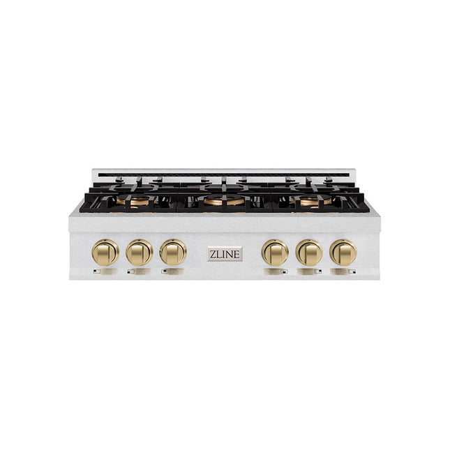ZLINE Autograph Edition 36 in. Classic Gas Rangetop with 6 Burner DuoPro™ Cooktop in Satin Stainless Steel and Champagne Bronze Accents (PCRTSZ-36-CB)