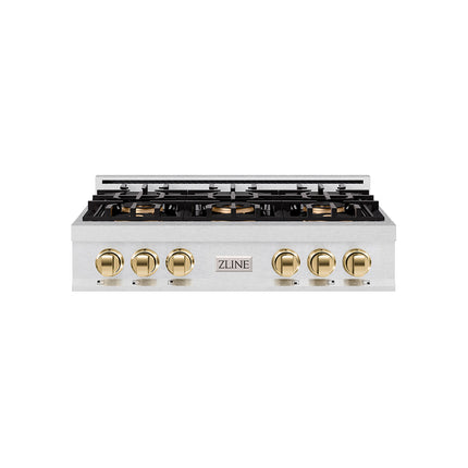 ZLINE Autograph Edition 36 in. Classic Gas Rangetop with 6 Burner DuoPro™ Cooktop in Satin Stainless Steel and Polished Gold Accents (PCRTSZ-36-G)