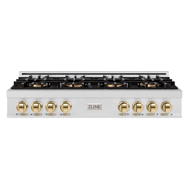ZLINE Autograph Edition 48 in. Classic Gas Rangetop with 8 Burner DuoPro™ Cooktop in Satin Stainless Steel and Polished Gold Accents (PCRTSZ-48-G)