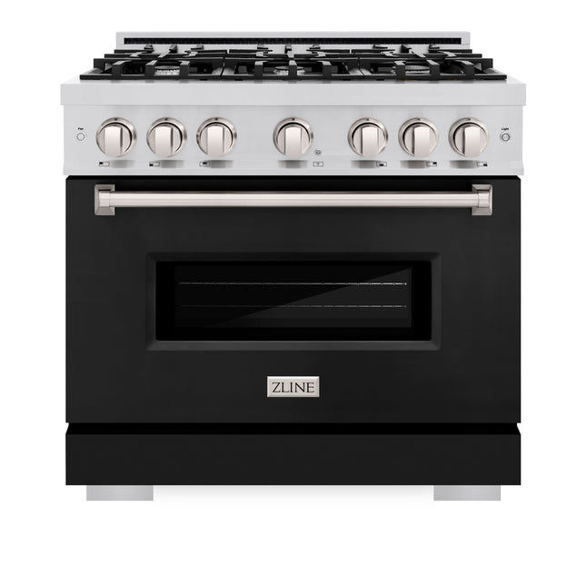 ZLINE 36 in. 5.2 cu. ft. Classic Dual Fuel Range with 6 Burner Gas Cooktop and Electric Convection Oven in Stainless Steel with Black Matte Door (CDR-BLM-36)