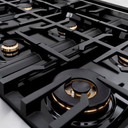 ZLINE Autograph Edition 36 in. 5.2 cu. ft. Classic Dual Fuel Range with 6 Burner Gas Cooktop and Electric Convection Oven in Stainless Steel with Black Matte Door and Champagne Bronze Accents (CDRZ-BLM-36-CB)