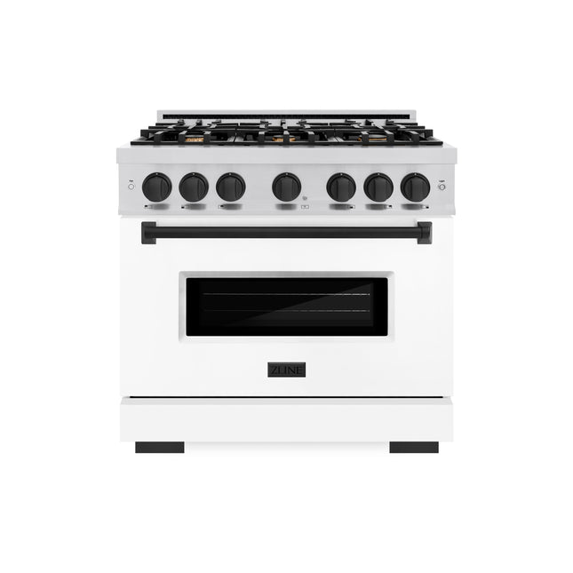 ZLINE Autograph Edition 36 in. 5.2 cu. ft. Classic Dual Fuel Range with 6 Burner Gas Cooktop and Electric Convection Oven in Stainless Steel with White Matte Door and Matte Black Accents (CDRZ-WM-36-MB)