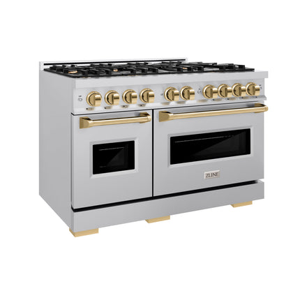 ZLINE Autograph Edition 48 in. 6.7 cu. ft. Classic Double Oven Dual Fuel Range with 8 Burner Gas Cooktop in Stainless Steel and Polished Gold Accents (CDRZ-48-G)