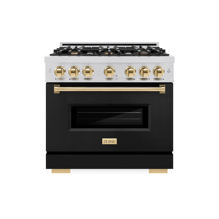 ZLINE Autograph Edition 36 in. 5.2 cu. ft. Classic Dual Fuel Range with 6 Burner Gas Cooktop and Electric Convection Oven in Stainless Steel with Black Matte Door and Polished Gold Accents (CDRZ-BLM-36-G)