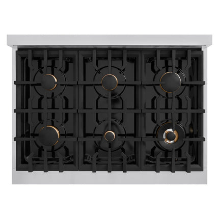 ZLINE Autograph Edition 36 in. 5.2 cu. ft. Classic Dual Fuel Range with 6 Burner Gas Cooktop and Electric Convection Oven in Stainless Steel with Black Matte Door and Polished Gold Accents (CDRZ-BLM-36-G)