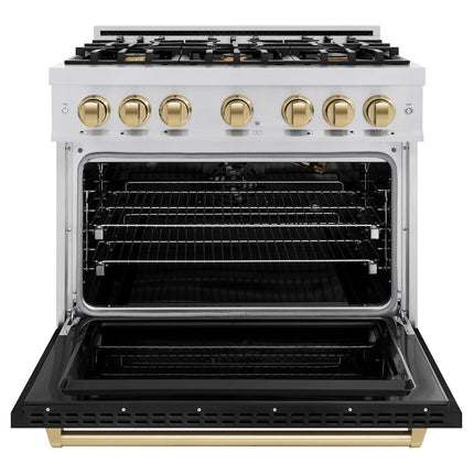 ZLINE Autograph Edition 36 in. 5.2 cu. ft. Classic Gas Range with 6 Burner Cooktop and Convection Gas Oven in Stainless Steel with Black Matte Door and Champagne Bronze Accents (CGRZ-BLM-36-CB)