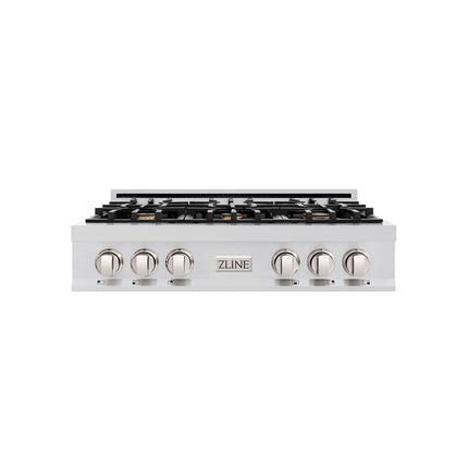 ZLINE 36 in. Classic Gas Rangetop with 6 Brass Burners and Porcelain Cooktop in Stainless Steel with Griddle (RT-BR-GR-36)