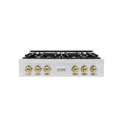 ZLINE Autograph Edition 36 in. Classic Gas Rangetop with 6 Burners and Porcelain Cooktop in Stainless Steel with Champagne Bronze Accents (RTZ-36-CB)
