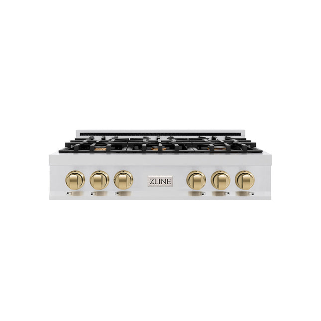 ZLINE Autograph Edition 36 in. Classic Gas Rangetop with 6 Burners and Porcelain Cooktop in Stainless Steel with Champagne Bronze Accents (RTZ-36-CB)