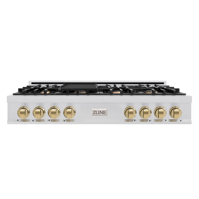 ZLINE Autograph Edition 48 in. Classic Gas Rangetop with 8 Burners and Porcelain Cooktop in Stainless Steel with Champagne Bronze Accents (RTZ-48-CB)