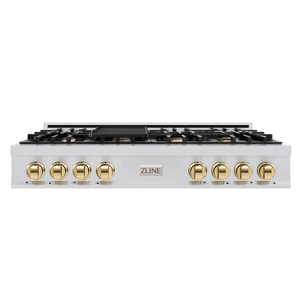 ZLINE Autograph Edition 48 in. Classic Gas Rangetop with 8 Burners and Porcelain Cooktop in Stainless Steel with Polished Gold Accents (RTZ-48-G)