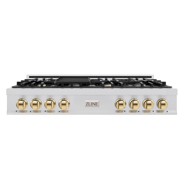 ZLINE Autograph Edition 48 in. Classic Gas Rangetop with 8 Burners and Porcelain Cooktop in Stainless Steel with Polished Gold Accents (RTZ-48-G)