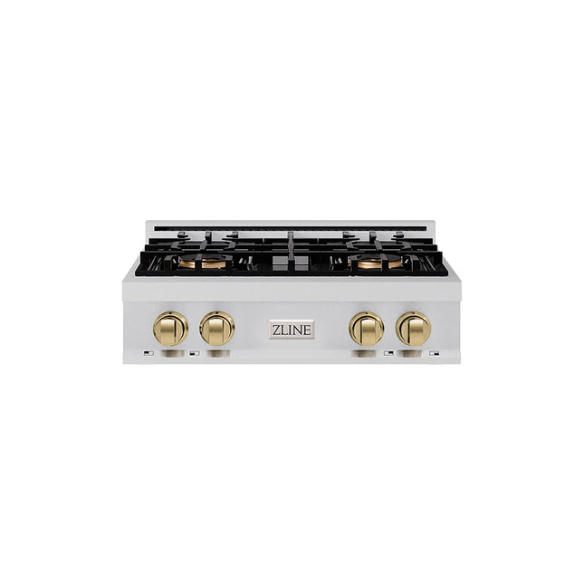ZLINE Autograph Edition 30 in. Classic Gas Rangetop with 4 Burner DuoPro™ Cooktop in Stainless Steel and Champagne Bronze Accents (PCRTZ-30-CB)