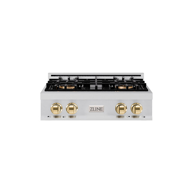 ZLINE Autograph Edition 30 in. Classic Gas Rangetop with 4 Burner DuoPro™ Cooktop in Stainless Steel and Polished Gold Accents (PCRTZ-30-G)