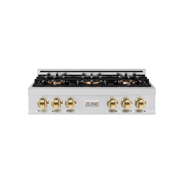 ZLINE Autograph Edition 36 in. Classic Gas Rangetop with 6 Burner DuoPro™ Cooktop in Stainless Steel and Polished Gold Accents (PCRTZ-36-G)