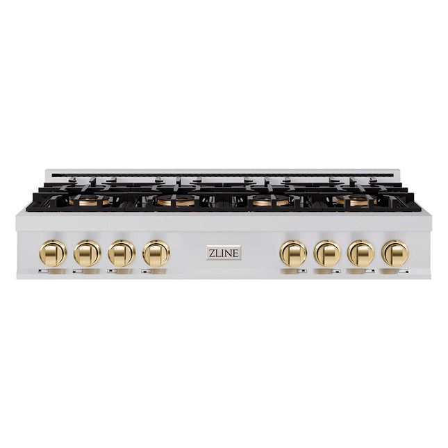 ZLINE Autograph Edition 48 in. Classic Gas Rangetop with 8 Burner DuoPro™ Cooktop in Stainless Steel and Polished Gold Accents (PCRTZ-48-G)