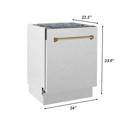 ZLINE Autograph Edition 24 in. Tallac Series 3rd Rack Top Control Built-In Tall Tub Dishwasher with Satin Stainless Steel Panel and Champagne Bronze Handle, 51dBa (DWVZ-SN-24-CB)