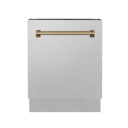 ZLINE Autograph Edition 24 in. Tallac Series 3rd Rack Top Control Built-In Tall Tub Dishwasher with Satin Stainless Steel Panel and Champagne Bronze Handle, 51dBa (DWVZ-SN-24-CB)