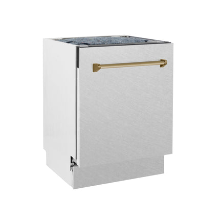 ZLINE Autograph Edition 24 in. Tallac Series 3rd Rack Top Control Built-In Tall Tub Dishwasher with Satin Stainless Steel Panel and Champagne Bronze Handle, 51dBa (DWVZ-SN-24-CB)