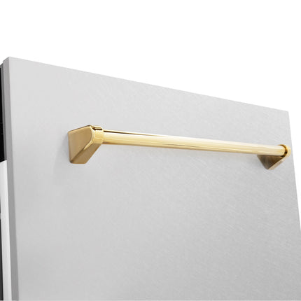ZLINE Autograph Edition 24 in. Tallac Series 3rd Rack Top Control Built-In Tall Tub Dishwasher with Satin Stainless Steel Panel and Polished Gold Handle, 51dBa (DWVZ-SN-24-G)