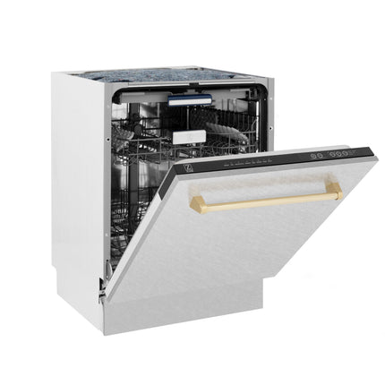 ZLINE Autograph Edition 24 in. Tallac Series 3rd Rack Top Control Built-In Tall Tub Dishwasher with Satin Stainless Steel Panel and Polished Gold Handle, 51dBa (DWVZ-SN-24-G)