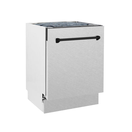 ZLINE Autograph Edition 24 in. Tallac Series 3rd Rack Top Control Built-In Tall Tub Dishwasher with Satin Stainless Steel Panel and Matte Black Handle, 51dBa (DWVZ-SN-24-MB)